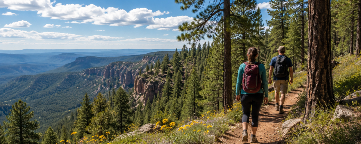 Two hikers enjoying a scenic trail through the ponderosa pine forest overlooking Arizona’s White Mountains near Heber-Overgaard.