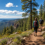 Two hikers enjoying a scenic trail through the ponderosa pine forest overlooking Arizona’s White Mountains near Heber-Overgaard.