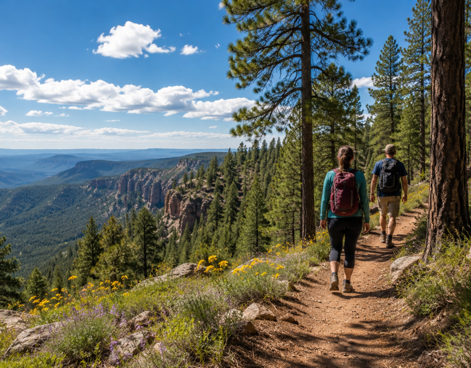 Two hikers enjoying a scenic trail through the ponderosa pine forest overlooking Arizona’s White Mountains near Heber-Overgaard.