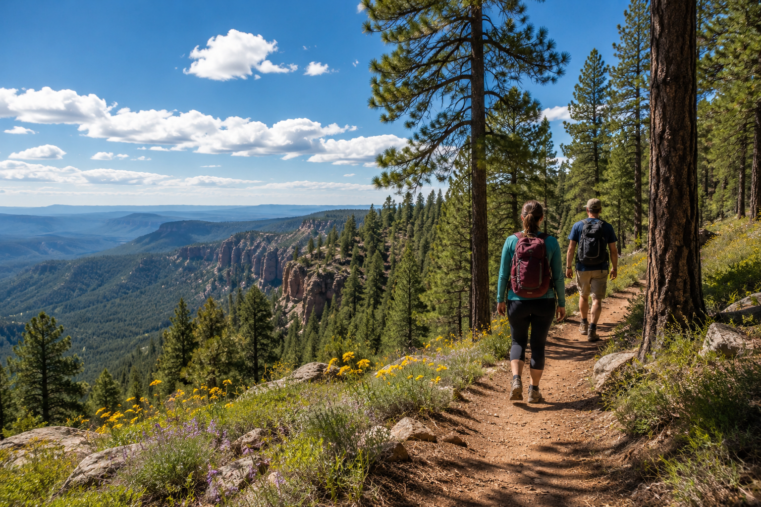 Two hikers enjoying a scenic trail through the ponderosa pine forest overlooking Arizona’s White Mountains near Heber-Overgaard.