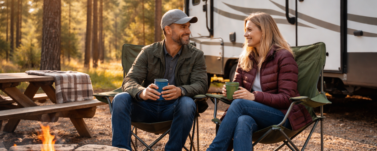 RV campers enjoying a cool spring day in Heber Arizona surrounded by pine trees