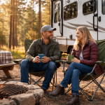 RV campers enjoying a cool spring day in Heber Arizona surrounded by pine trees