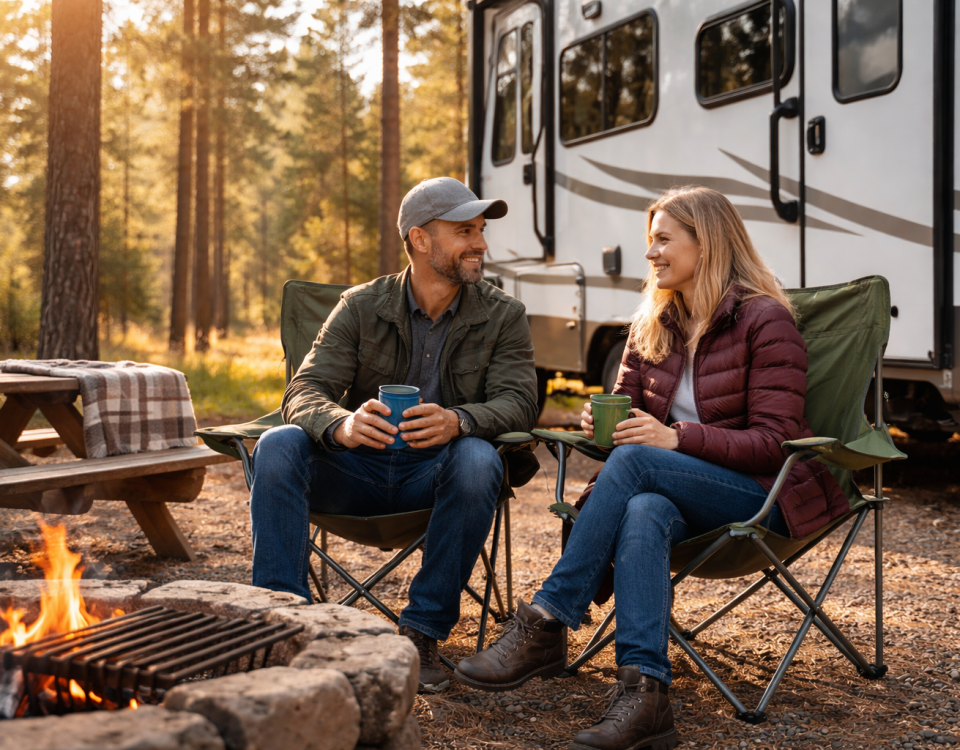 RV campers enjoying a cool spring day in Heber Arizona surrounded by pine trees