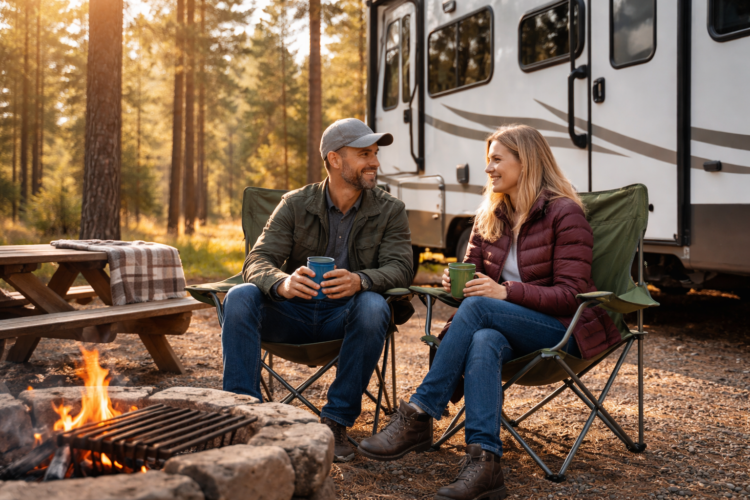 RV campers enjoying a cool spring day in Heber Arizona surrounded by pine trees