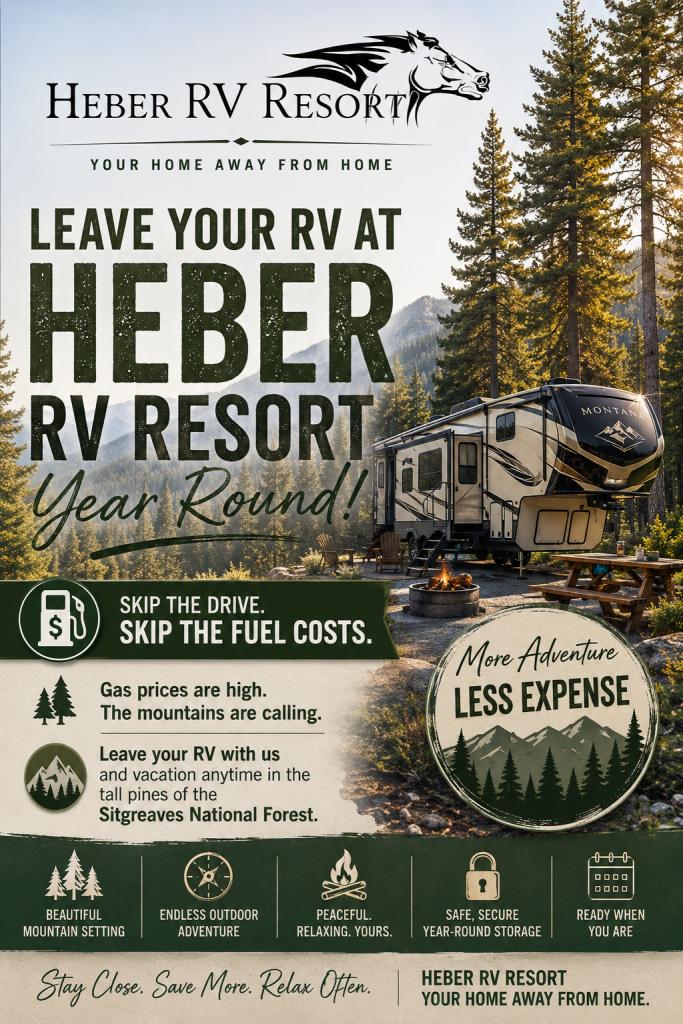 Year-round RV site at Heber RV Resort surrounded by tall pines, highlighting seasonal camping, mountain vacations, and reduced travel fuel expenses.