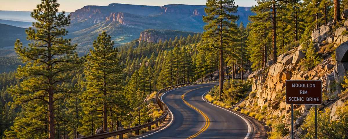 Scenic mountain highway winding through the ponderosa pine forests near the Mogollon Rim in Heber-Overgaard, Arizona.