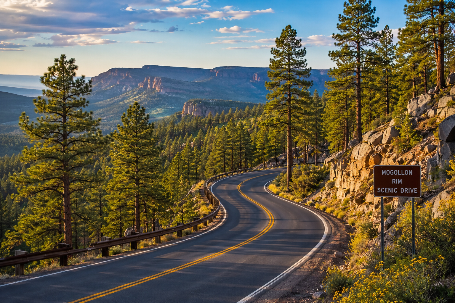 Scenic mountain highway winding through the ponderosa pine forests near the Mogollon Rim in Heber-Overgaard, Arizona.