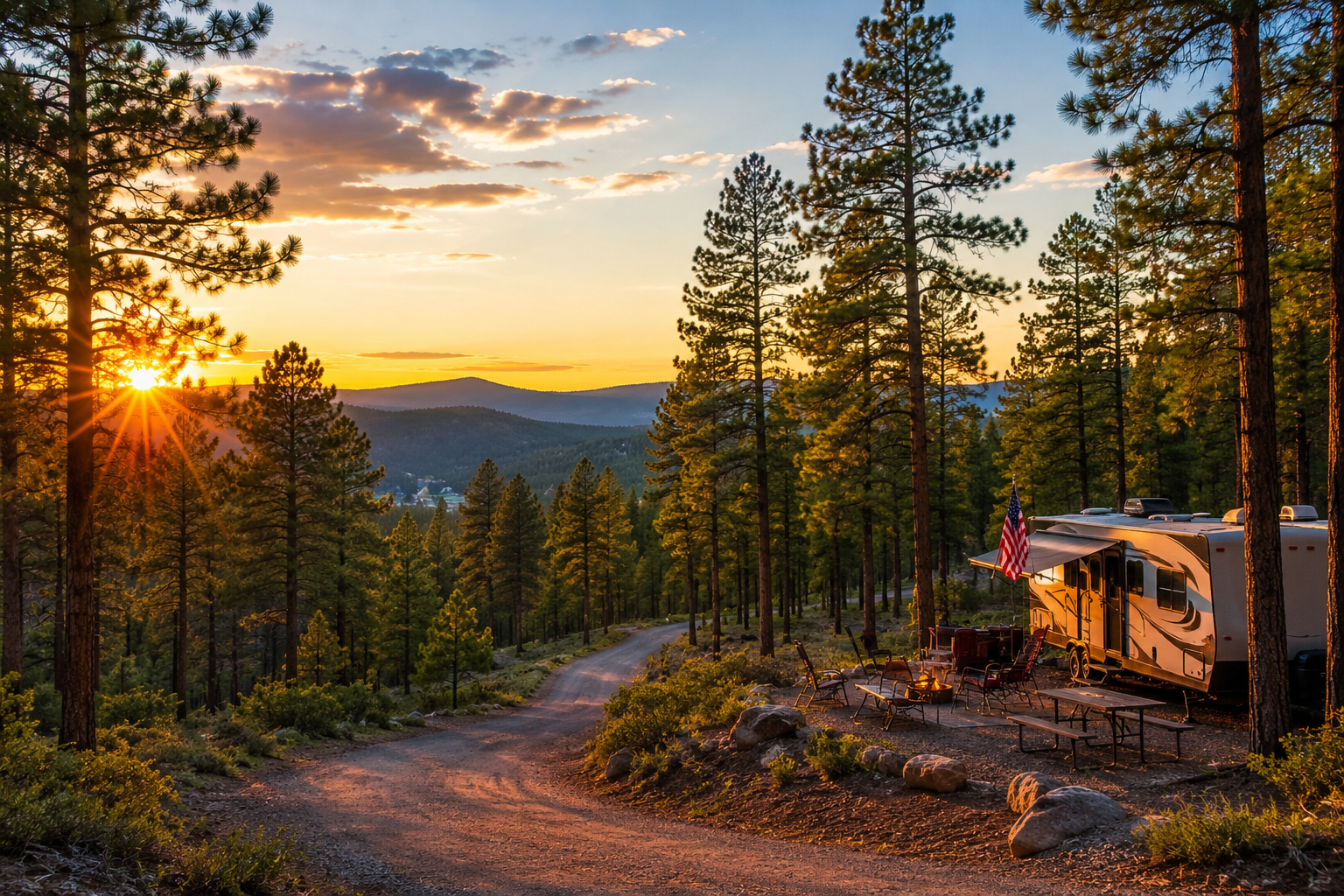 RV campsite surrounded by tall ponderosa pines during a beautiful sunset at Heber RV Resort in Heber-Overgaard, Arizona.