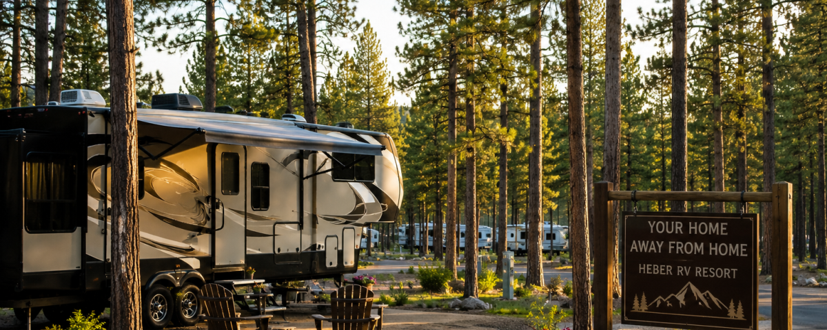 Fifth-wheel RV parked at a spacious seasonal site surrounded by tall ponderosa pines at Heber RV Resort in Heber-Overgaard, Arizona.