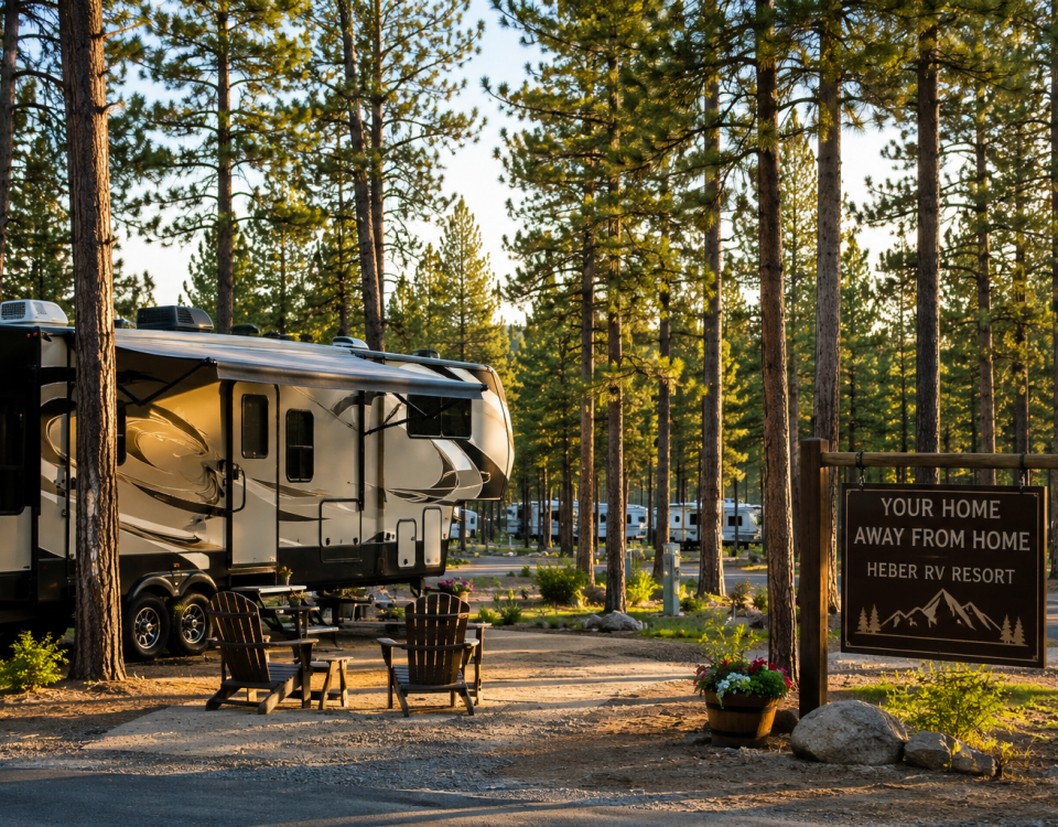 Fifth-wheel RV parked at a spacious seasonal site surrounded by tall ponderosa pines at Heber RV Resort in Heber-Overgaard, Arizona.