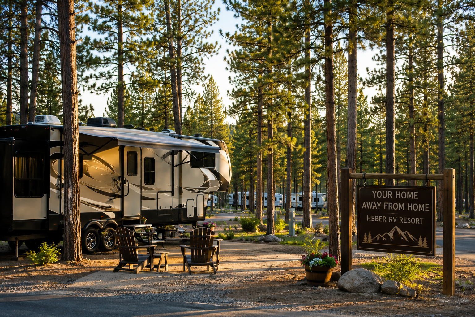 Fifth-wheel RV parked at a spacious seasonal site surrounded by tall ponderosa pines at Heber RV Resort in Heber-Overgaard, Arizona.